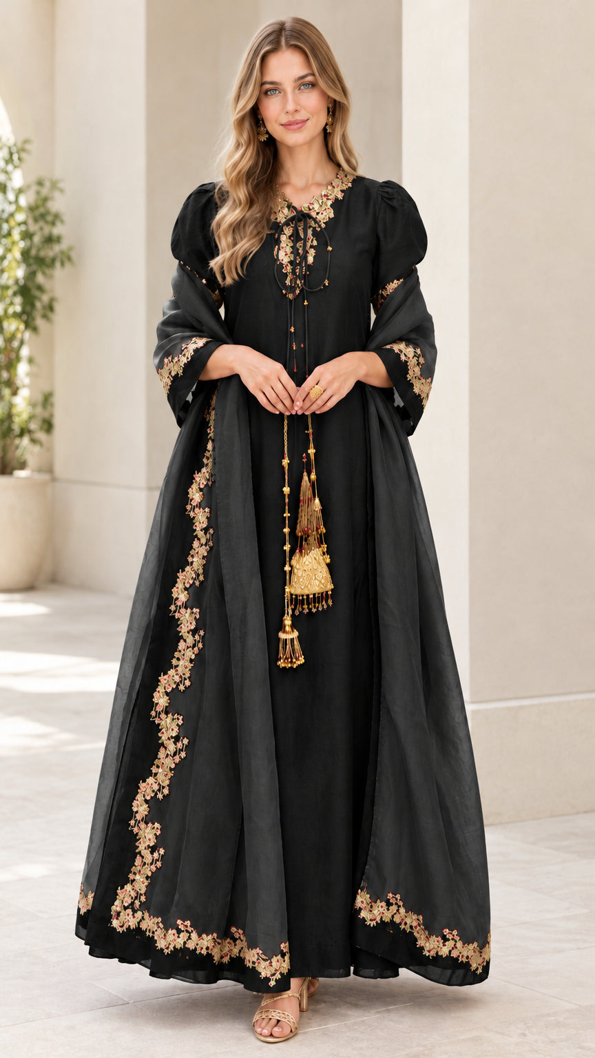 Full front view of black embroidered maxi dress with sheer scarf set