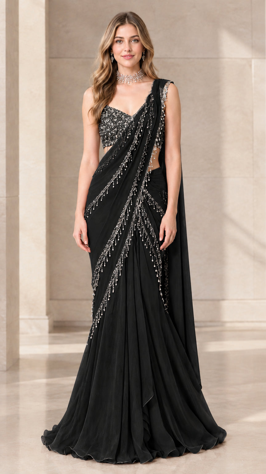 Front view of model wearing Black pre-draped saree gown with sparkling beaded fringe