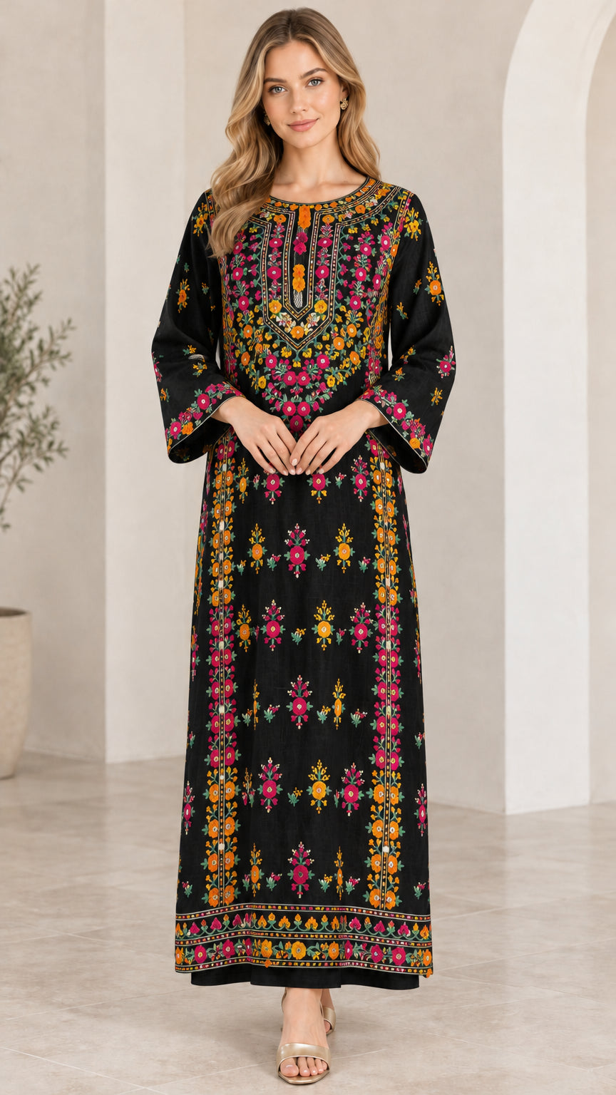 Front view of black long sleeve floral embroidered maxi kaftan dress