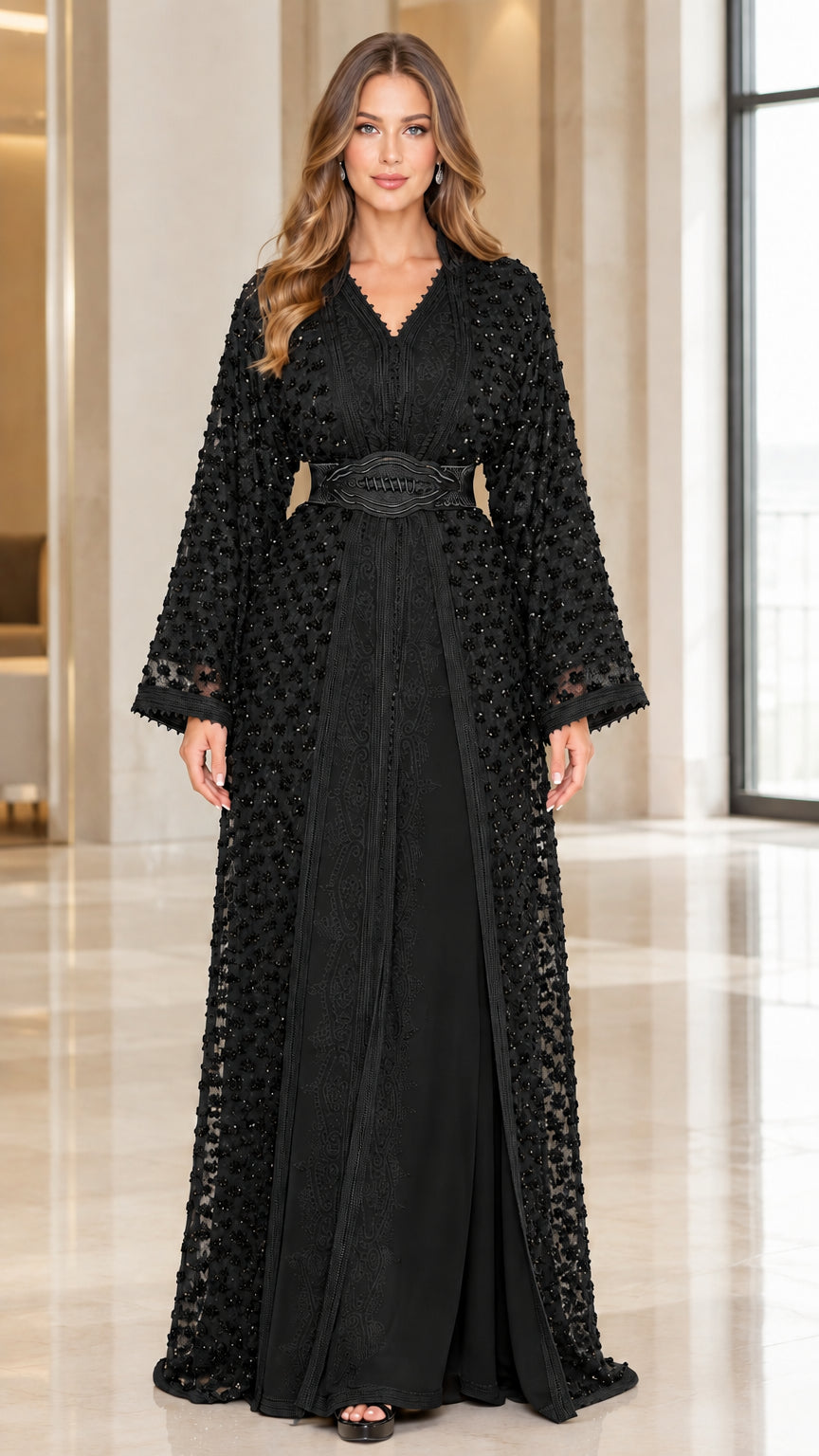 Front view of black beaded lace formal kaftan dress