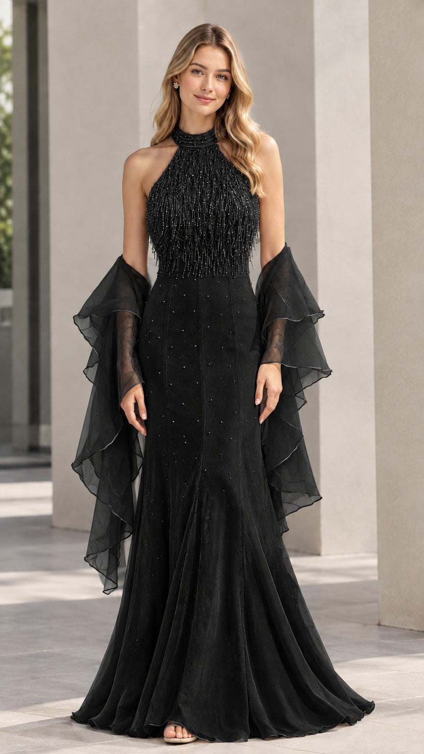 Black halter neck beaded fringe mermaid evening dress with matching sheer wrap