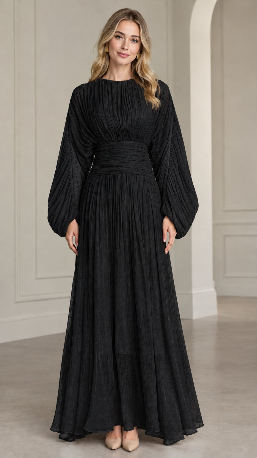 Black pleated long sleeve evening maxi dress with ruched waist