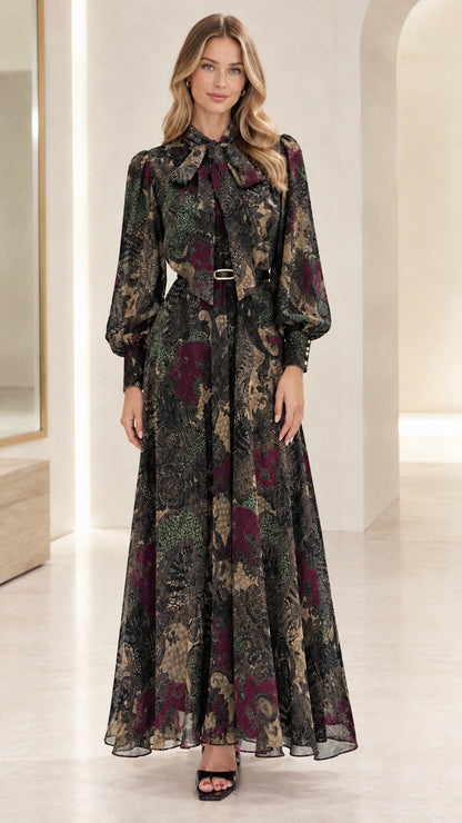 Front view of woman wearing Black Multi vintage floral long-sleeve maxi dress