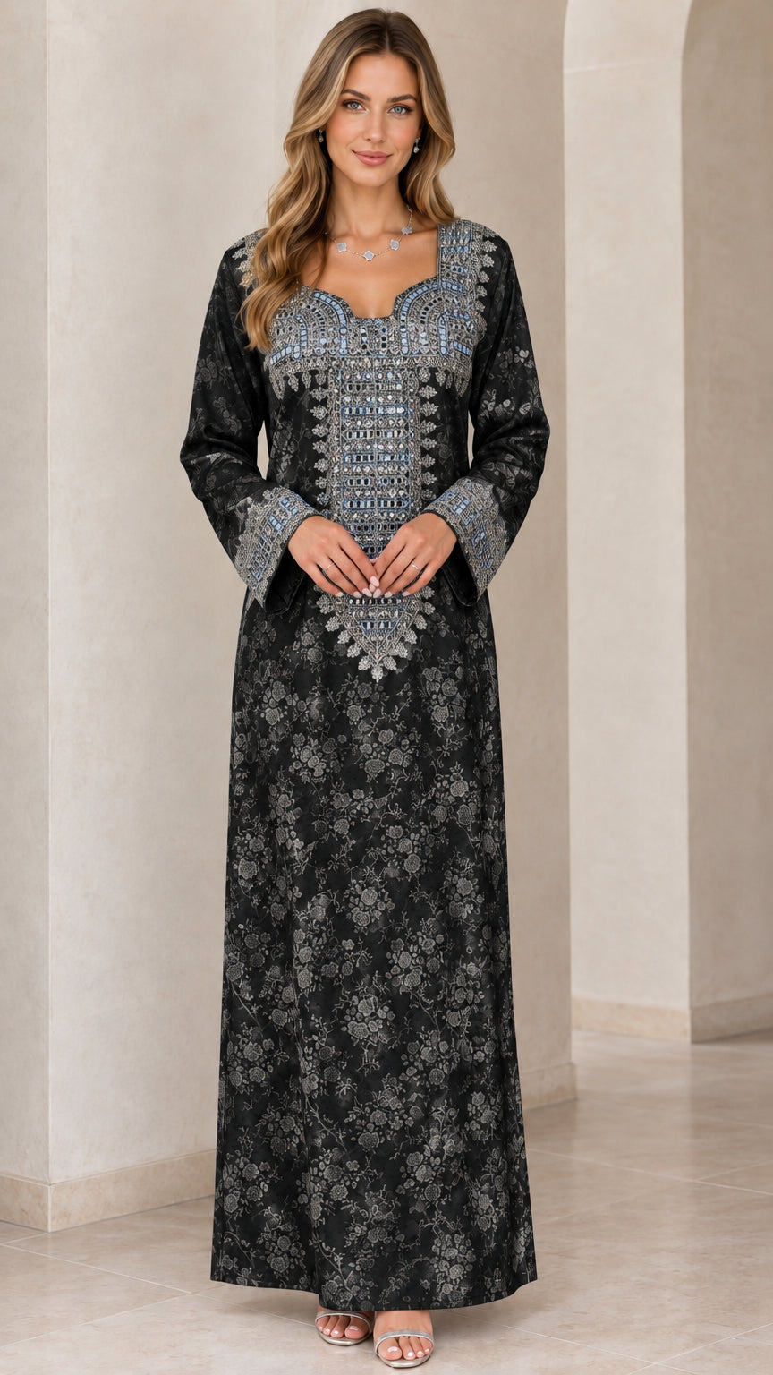 Black embroidered long sleeve maxi kaftan dress