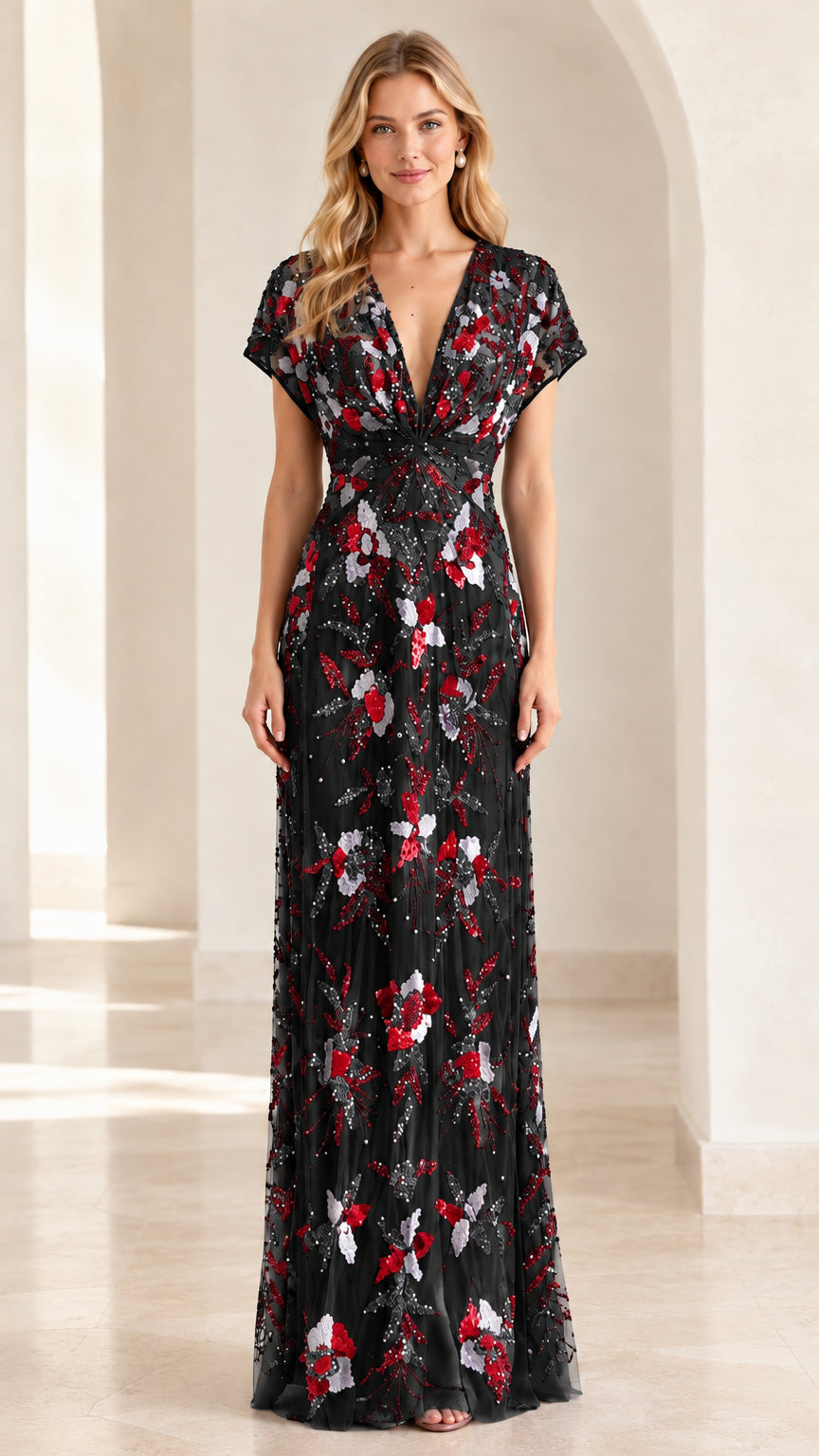 Front view of black floral sequin embellished maxi evening gown