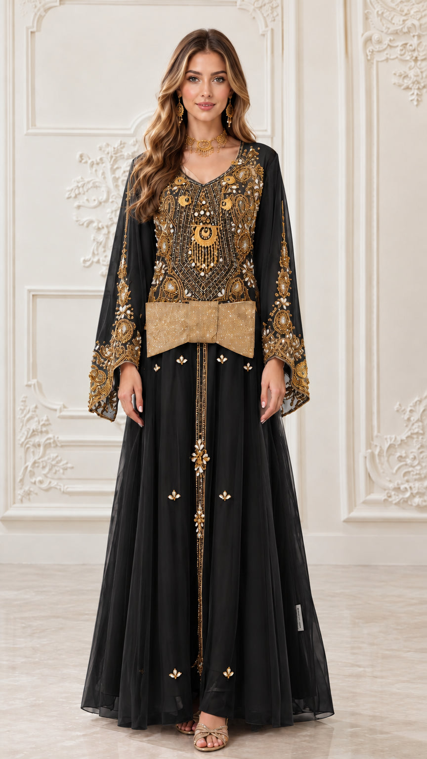 Front view of black gold-embroidered kaftan maxi dress