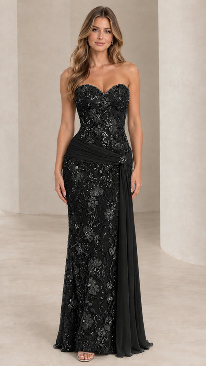 Front view of black strapless beaded lace formal evening gown