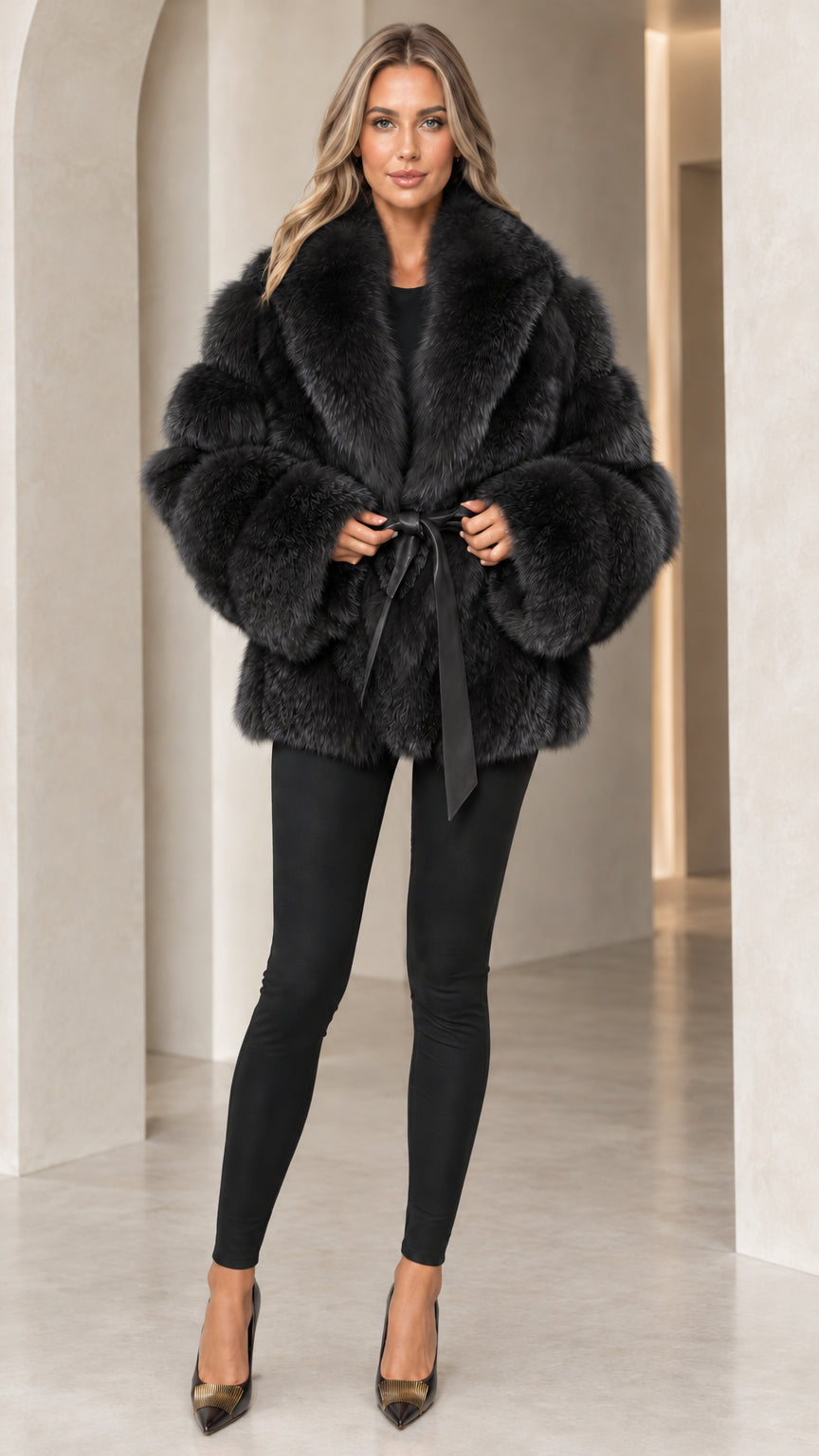 Front full view of woman wearing Black faux fur belted coat