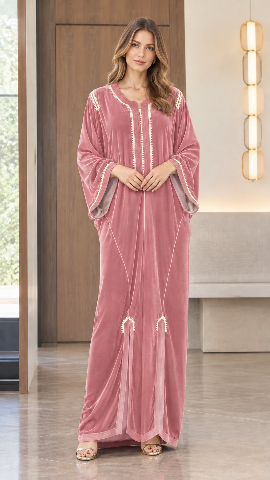 Full front view of model wearing the Dusty Rose embroidered velvet kaftan maxi dress
