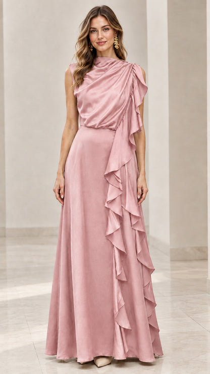 Model wearing the draped sleeveless formal gown with cascading ruffles in dusty pink