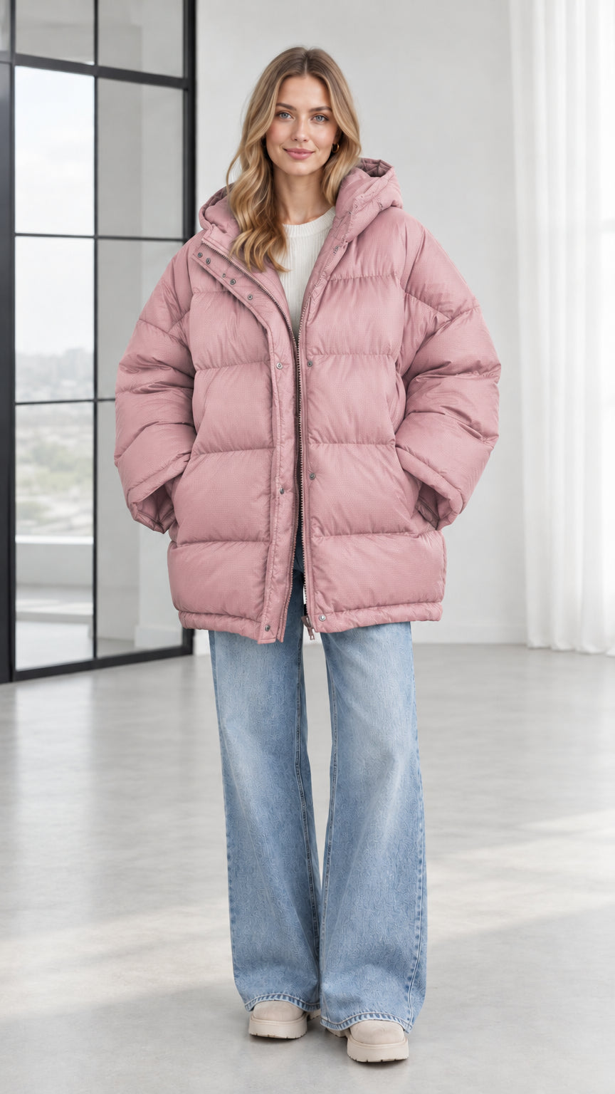 Front view of model wearing blush pink oversized hooded puffer jacket