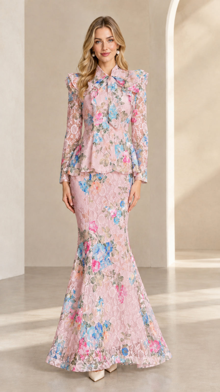 Dusty pink floral lace two-piece long-sleeve evening set