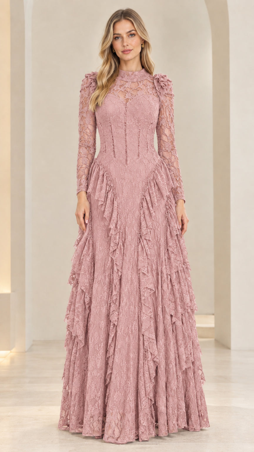 Front view of woman wearing dusty pink long sleeve tiered lace evening gown