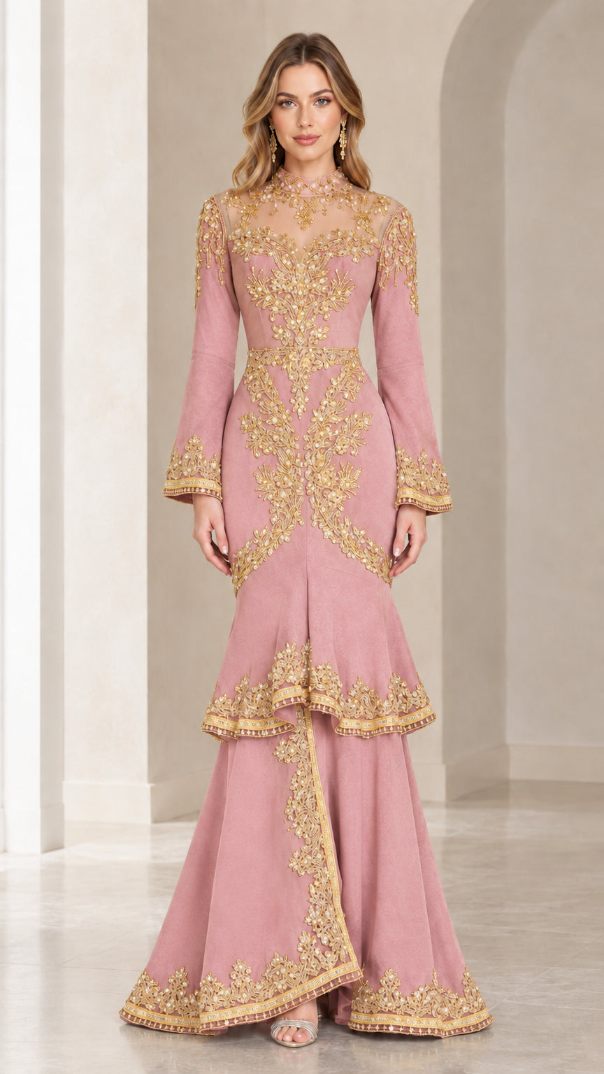 Dusty pink long-sleeve evening gown with ornate gold embroidery and tiered hem