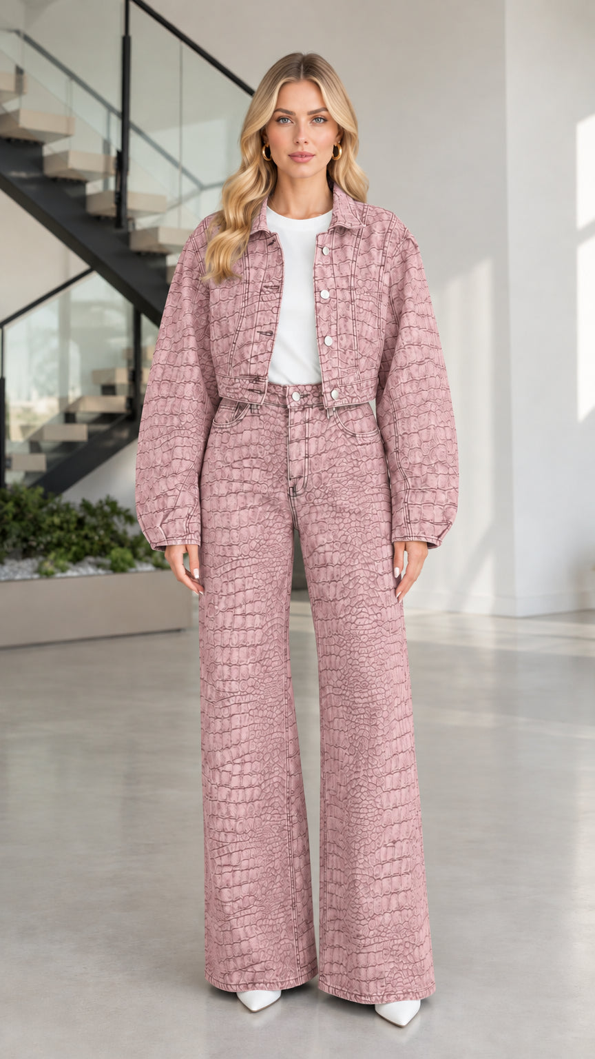 Full front view of model wearing Dusty Pink croc-embossed denim matching co-ord set
