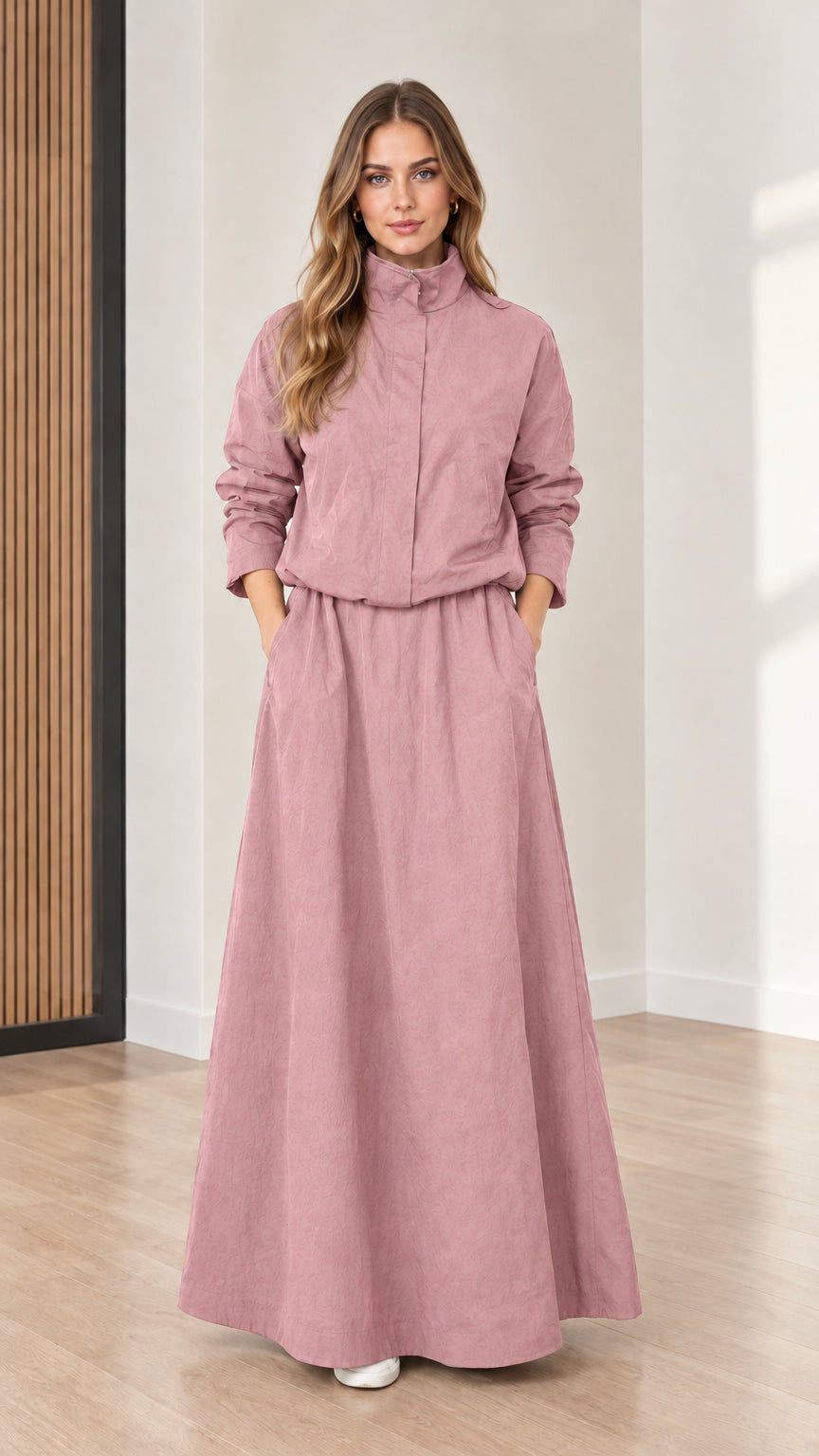 Front view of model wearing Dusty Pink long sleeve maxi dress with pockets