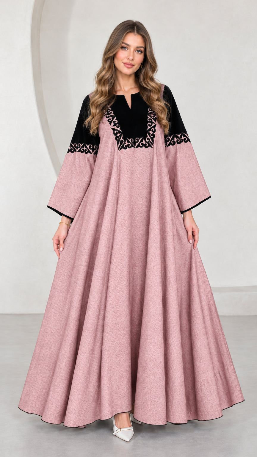 Front view of dusty pink embroidered contrast yoke maxi dress