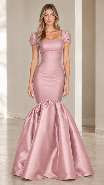 Dusty blush pink puff sleeve square neck mermaid formal gown