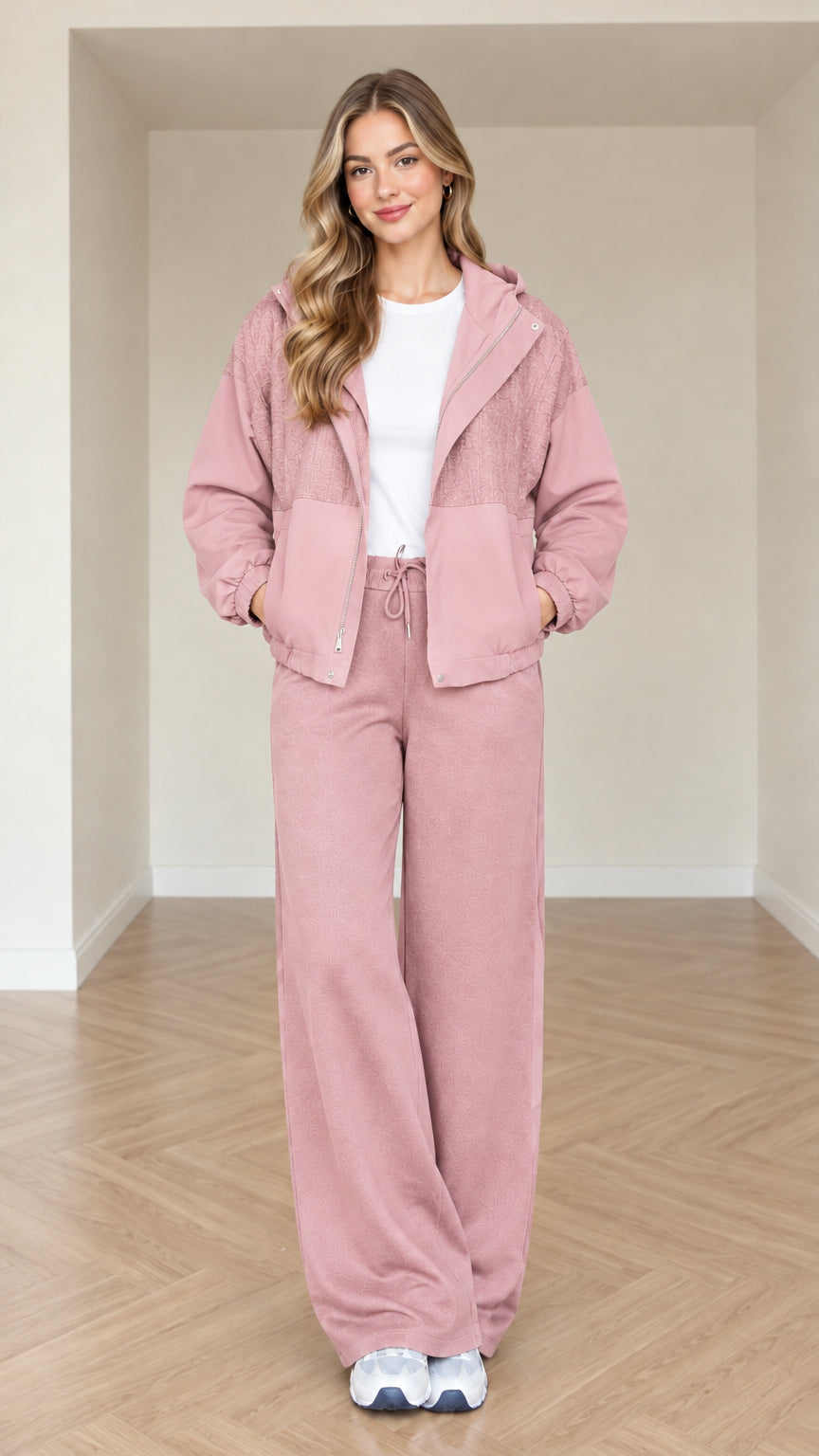 Model wearing dusty pink women's two-piece casual lounge set