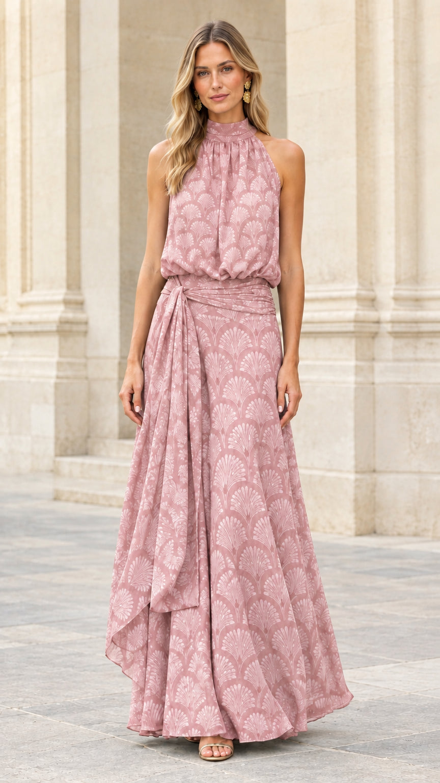 Front view of blush pink halter neck pleated evening maxi dress