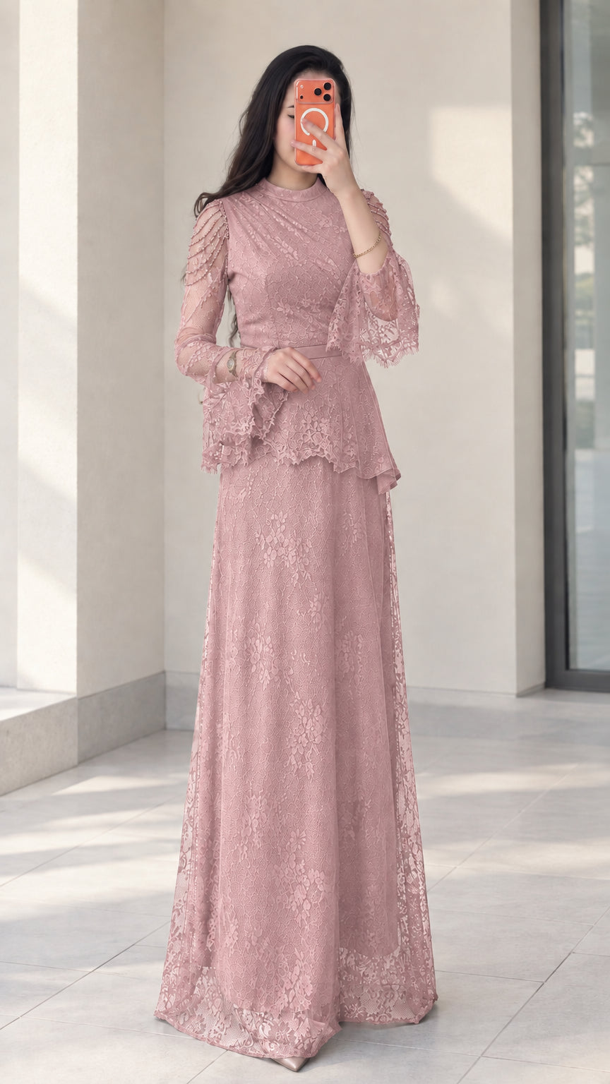 Dusty Pink beaded floral lace peplum maxi dress
