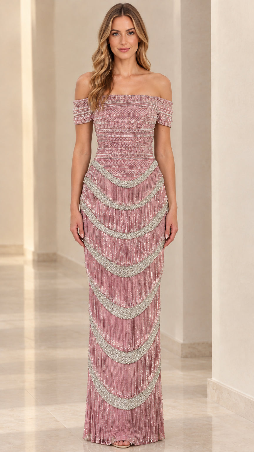 Front view of dusty rose off-the-shoulder evening dress with tiered beaded fringe