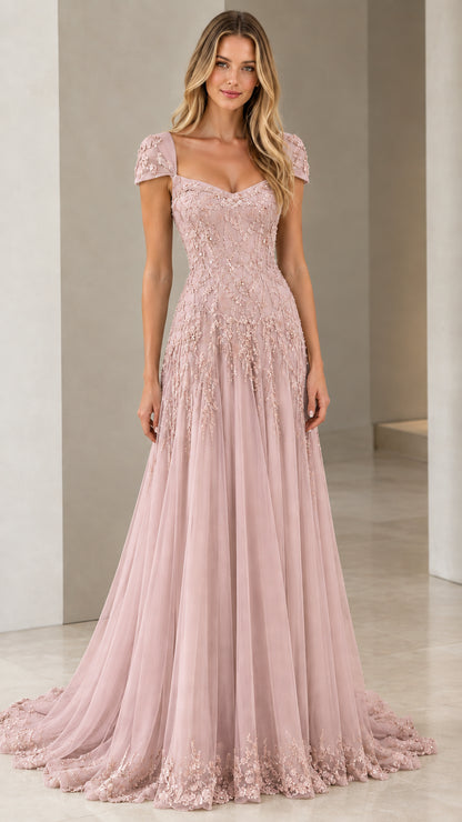 Front view of model in Dusty Pink embroidered cap sleeve evening dress