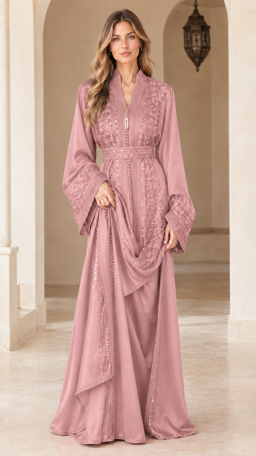 Model wearing dusty rose pink embroidered sequin belted kaftan maxi dress
