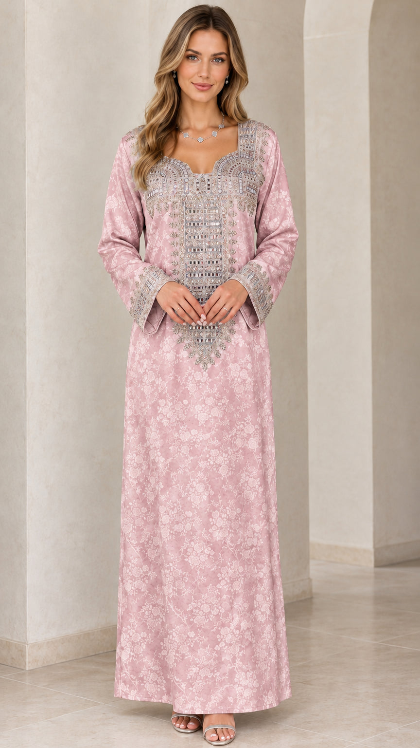 Dusty pink floor-length embroidered kaftan dress