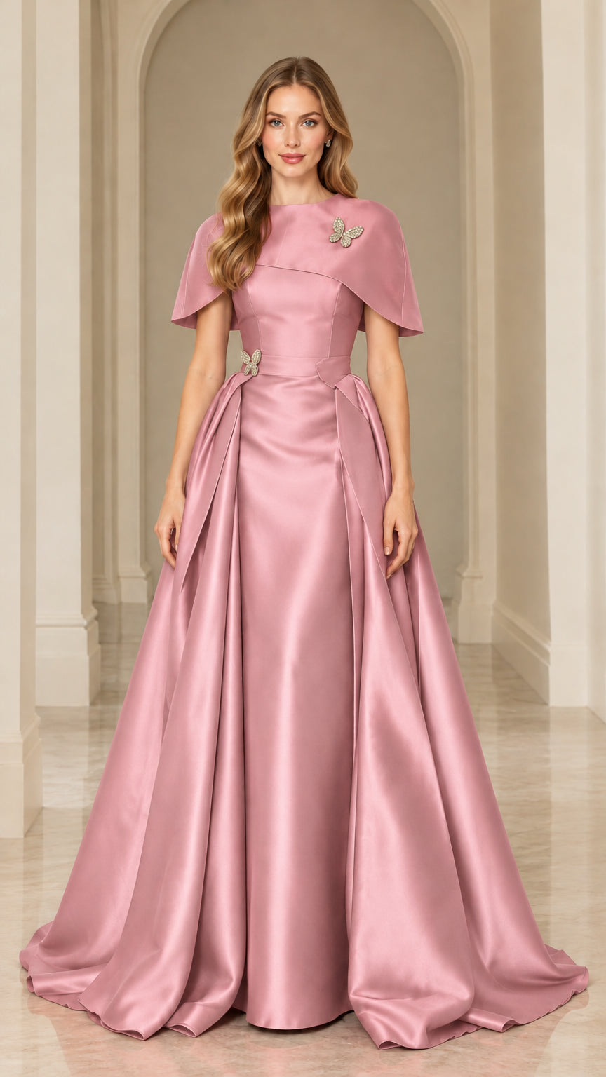 Dusty pink satin capelet formal dress with crystal embellishments