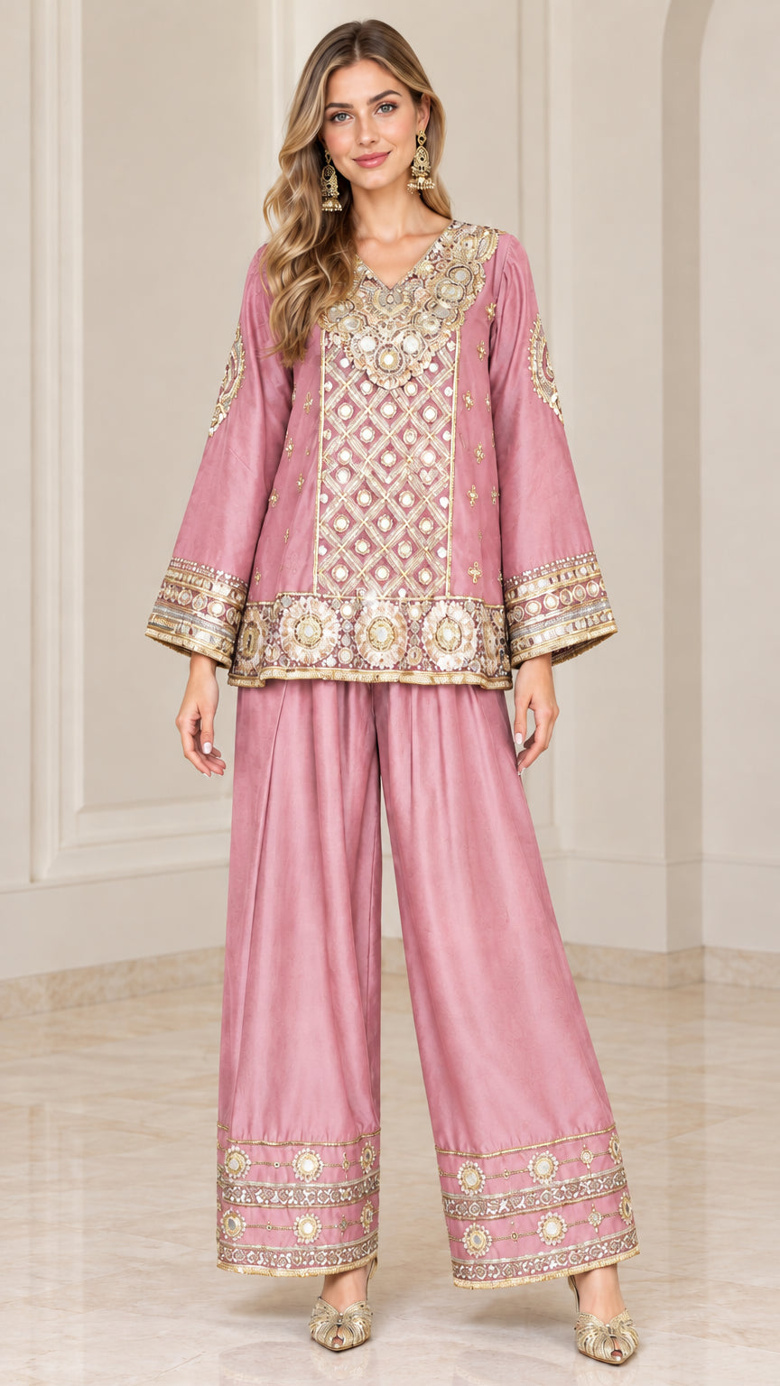 Front view of dusty rose embroidered tunic top and wide-leg trousers set