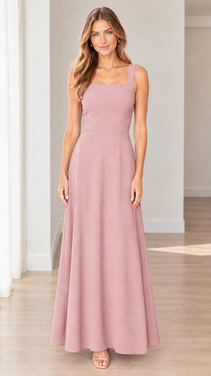 Front full-length view of model wearing dusty rose square neck formal gown