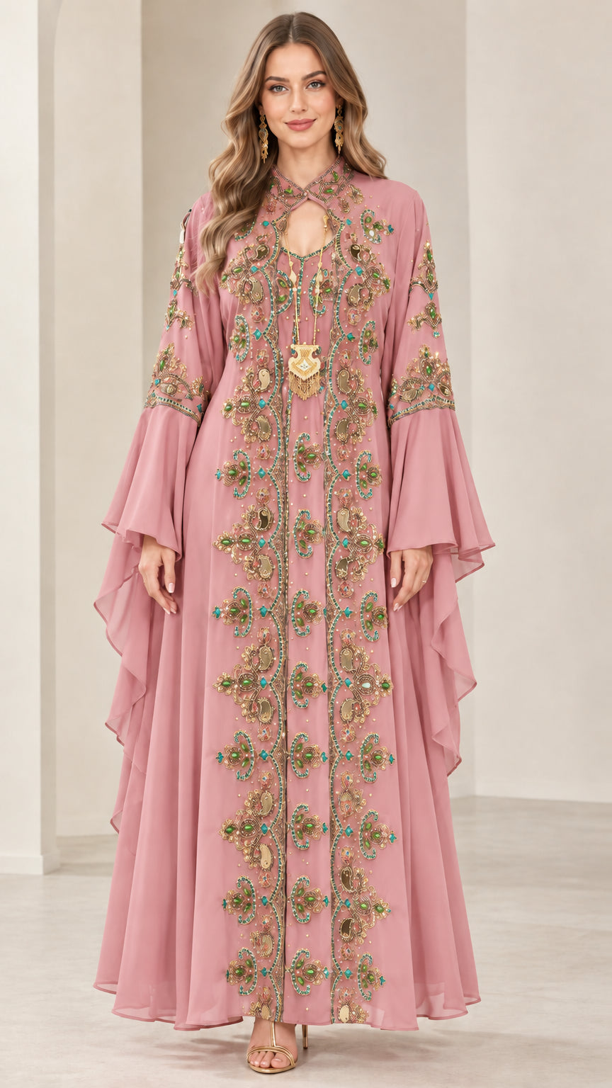 Dusty pink embroidered kaftan maxi dress front view