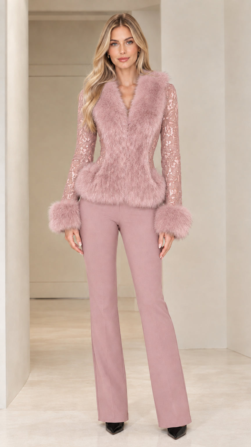 Full-length view of model wearing dusty pink lace peplum top with matching faux fur trim