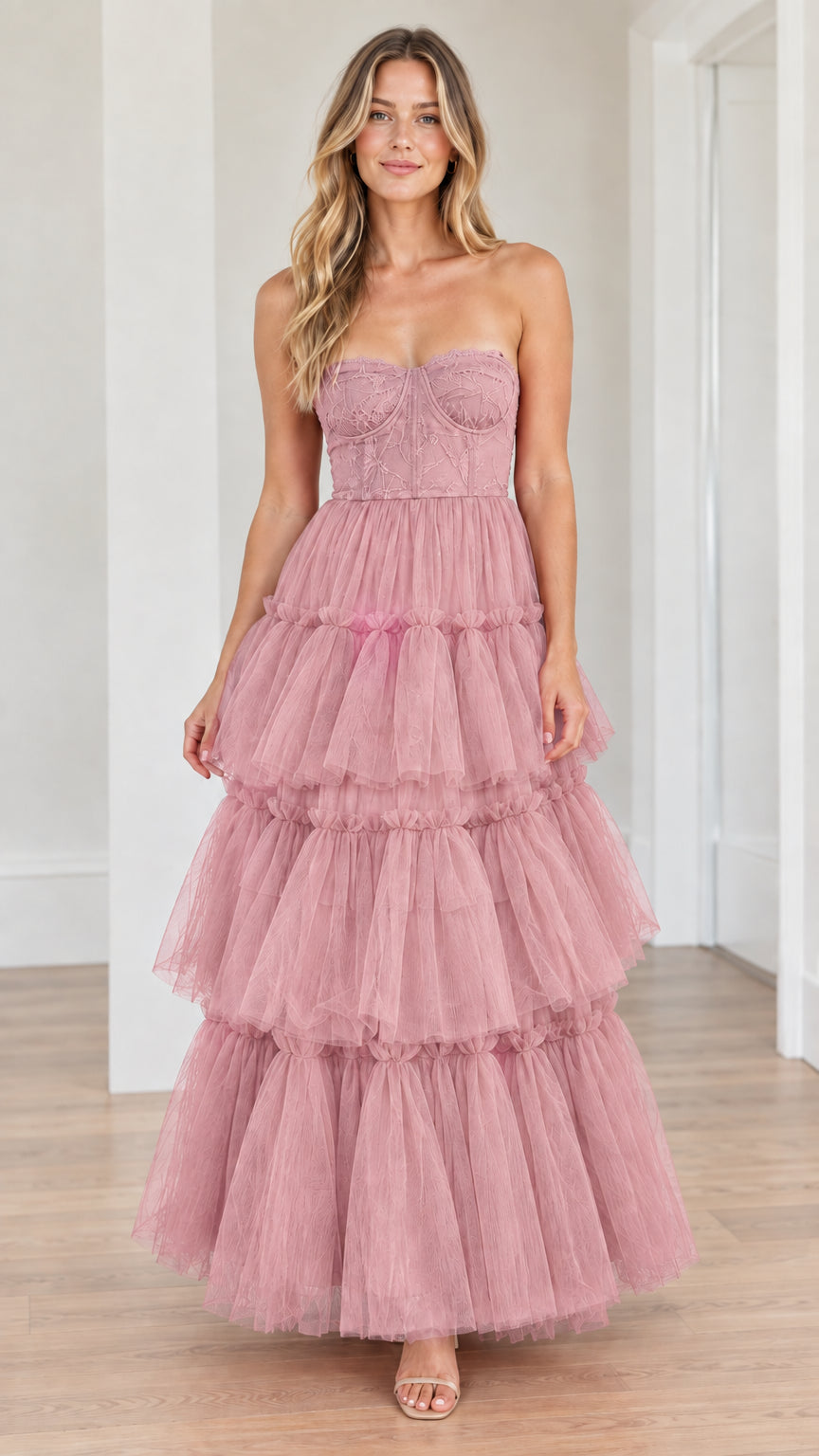 Dusty pink strapless tiered tulle evening gown with lace bodice