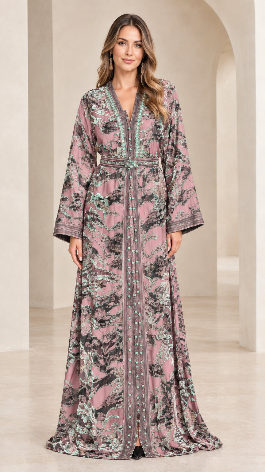 Full-length view of woman wearing dusty rose floral velvet kaftan maxi dress
