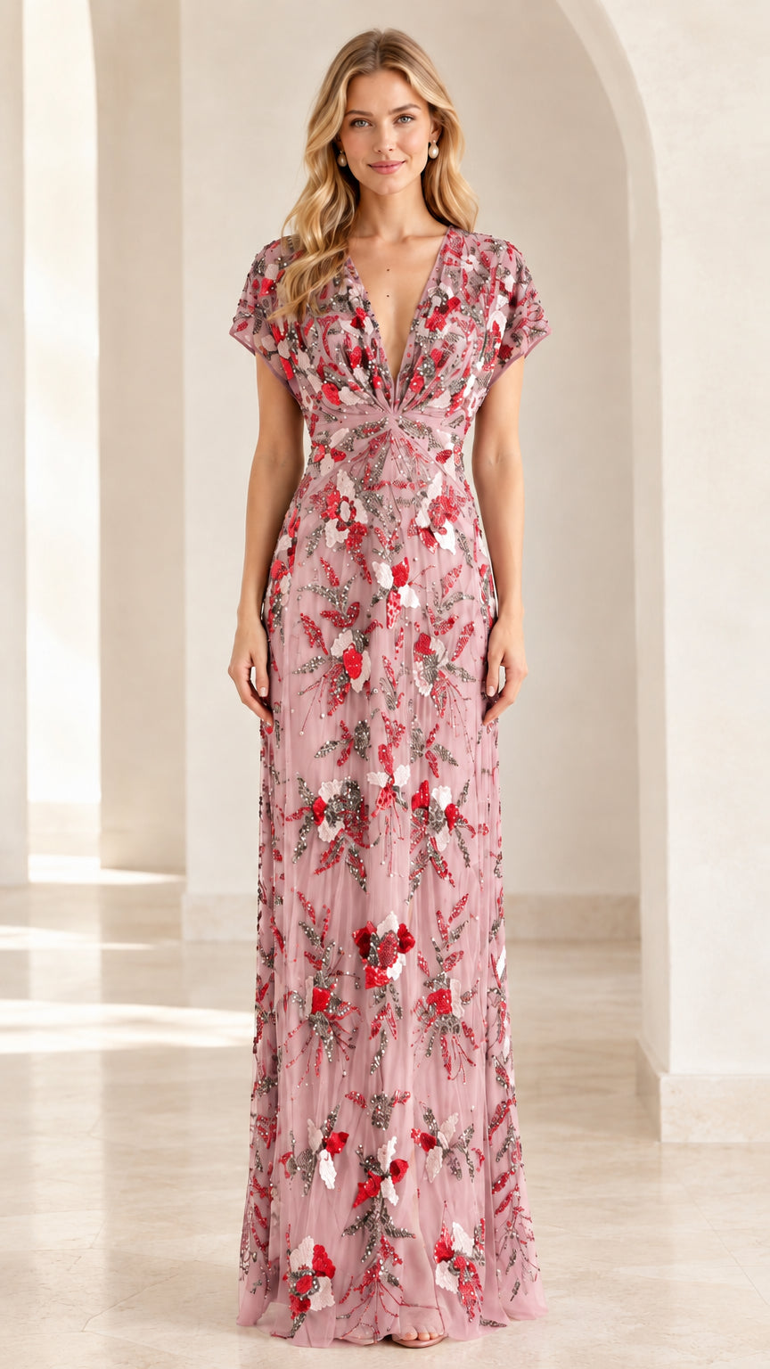 Front view of blush pink floral beaded V-neck formal dress