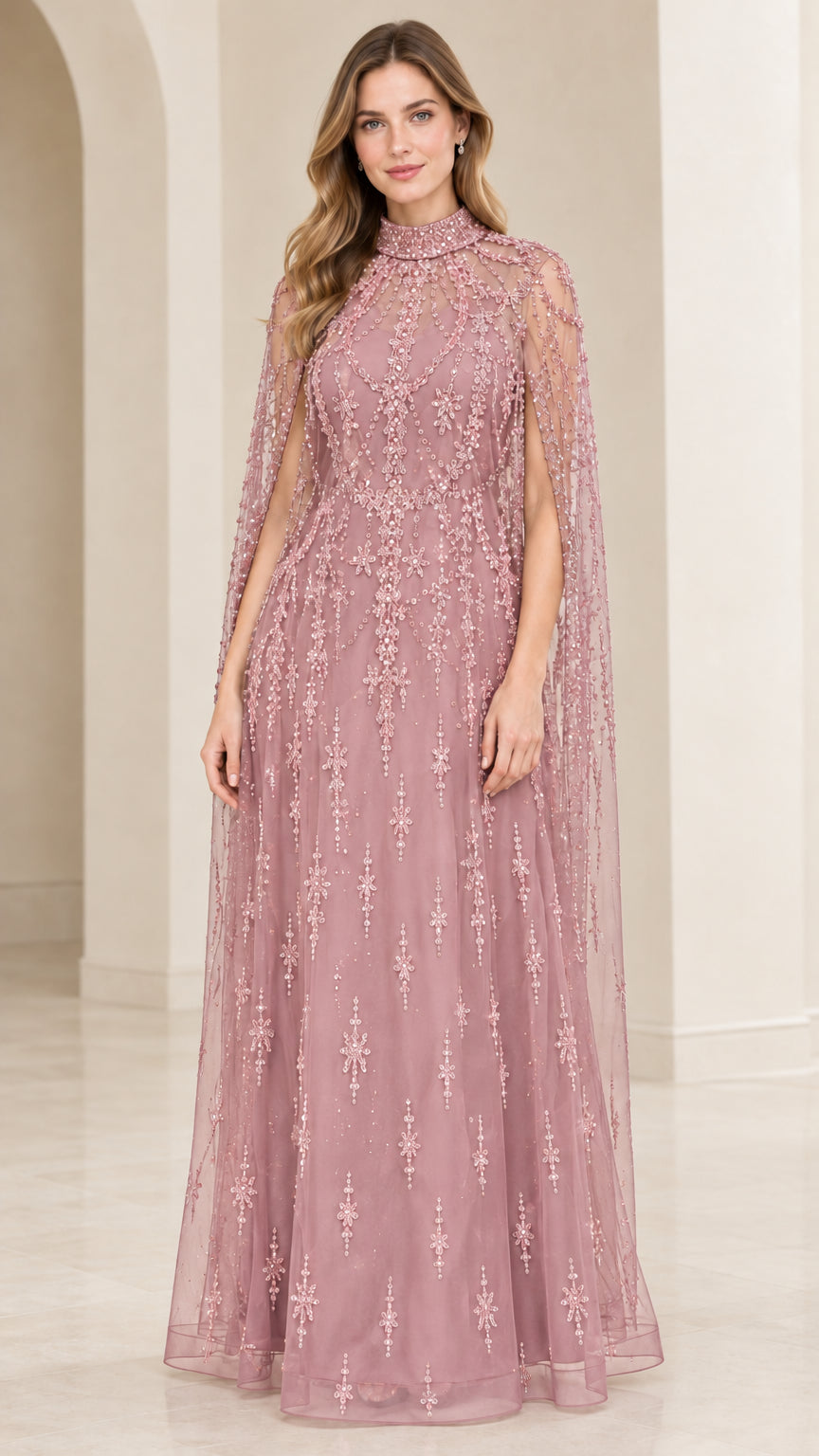 Model wearing Dusty Rose embellished cape evening gown