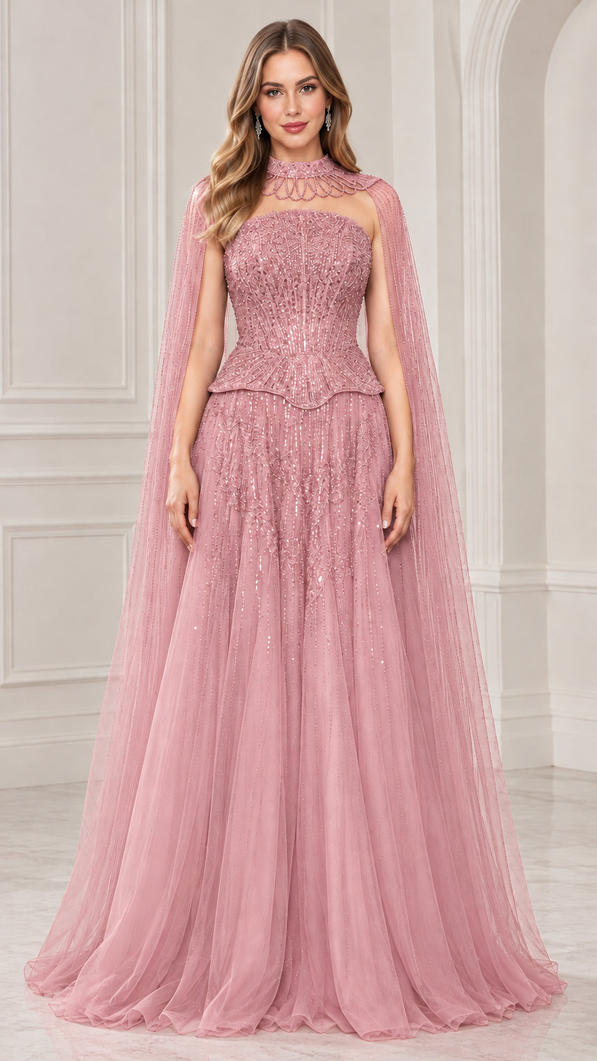 Front view of dusty pink beaded cape evening gown