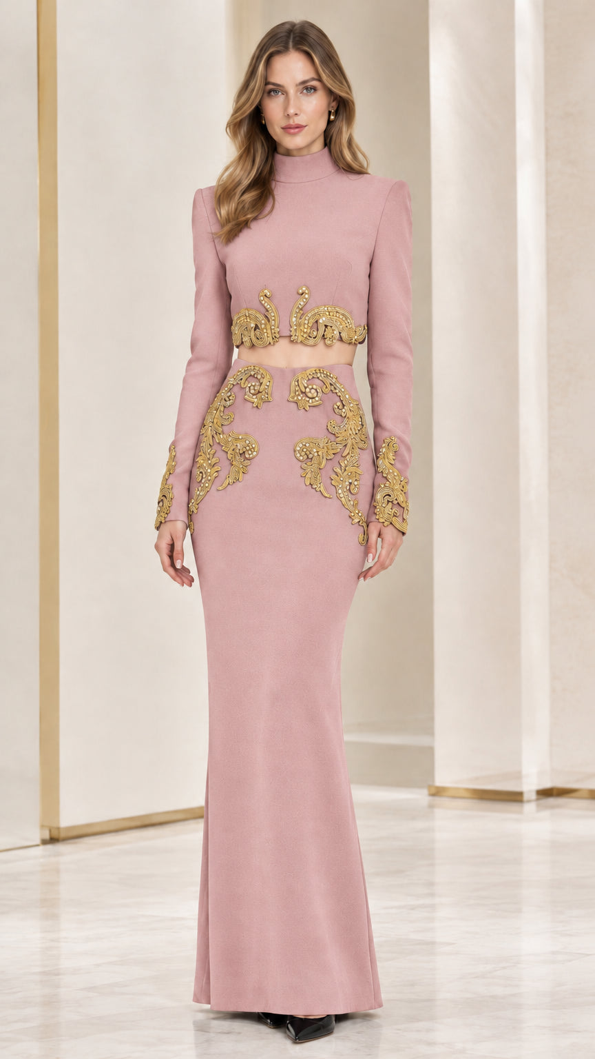 Front full-length view of Blush Pink two-piece evening dress with gold embroidery