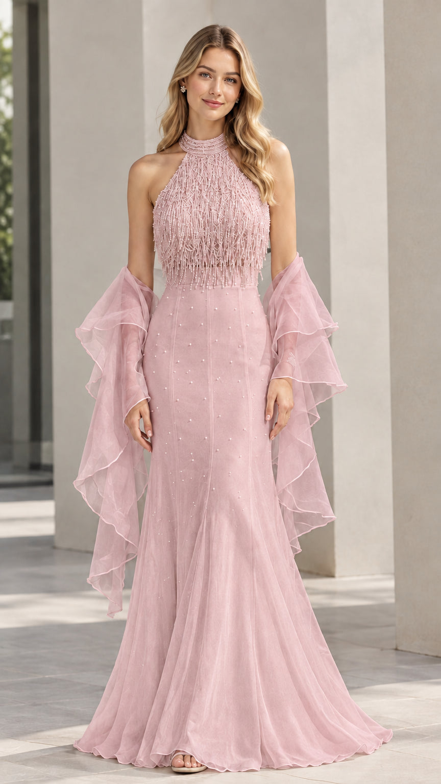 Blush pink beaded halter mermaid evening gown with ruffled chiffon shawl