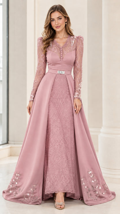 Model wearing Dusty Rose long sleeve formal evening gown with sequin details