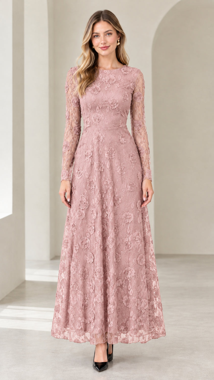 Dusty pink long sleeve floral lace A-line maxi formal gown