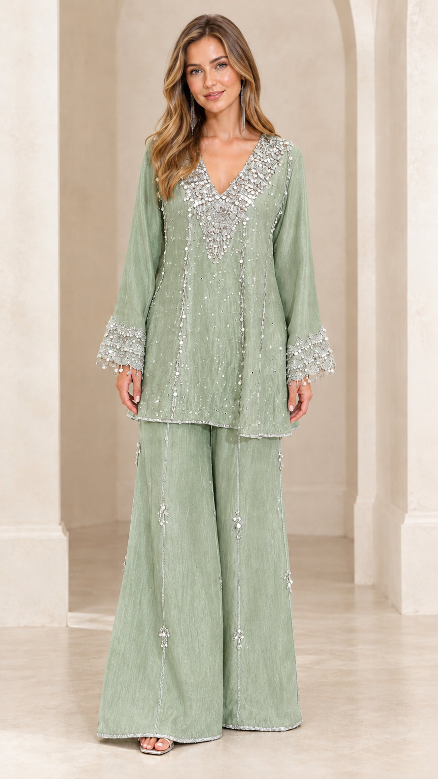 Front view of sage green sequin-detailed tunic top and palazzo trousers set