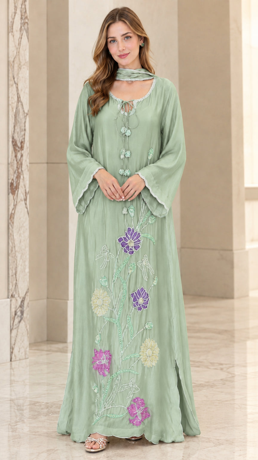 Front view of woman wearing Sage Green beaded floral kaftan maxi dress