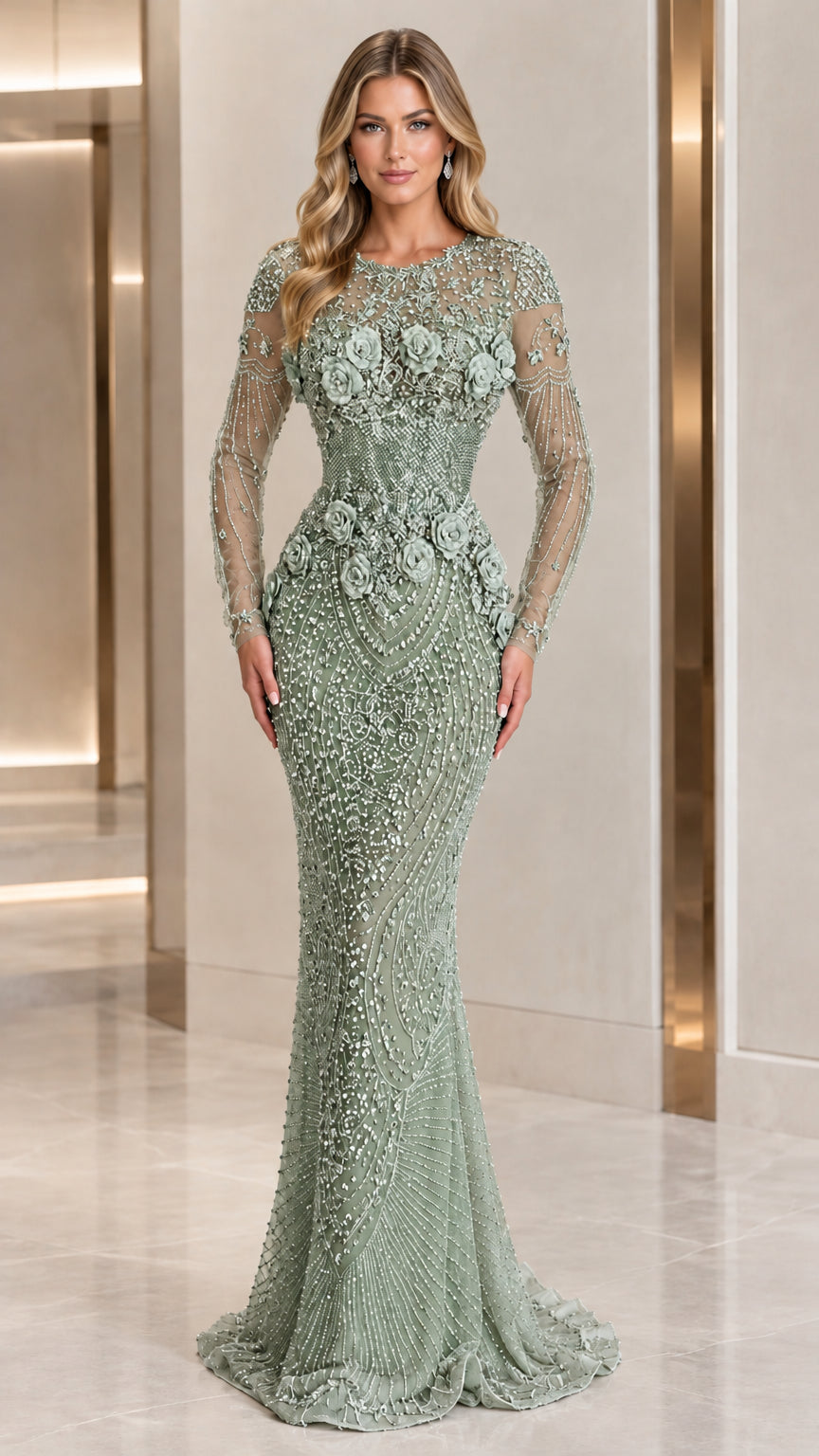 Sage green long sleeve beaded mermaid formal dress