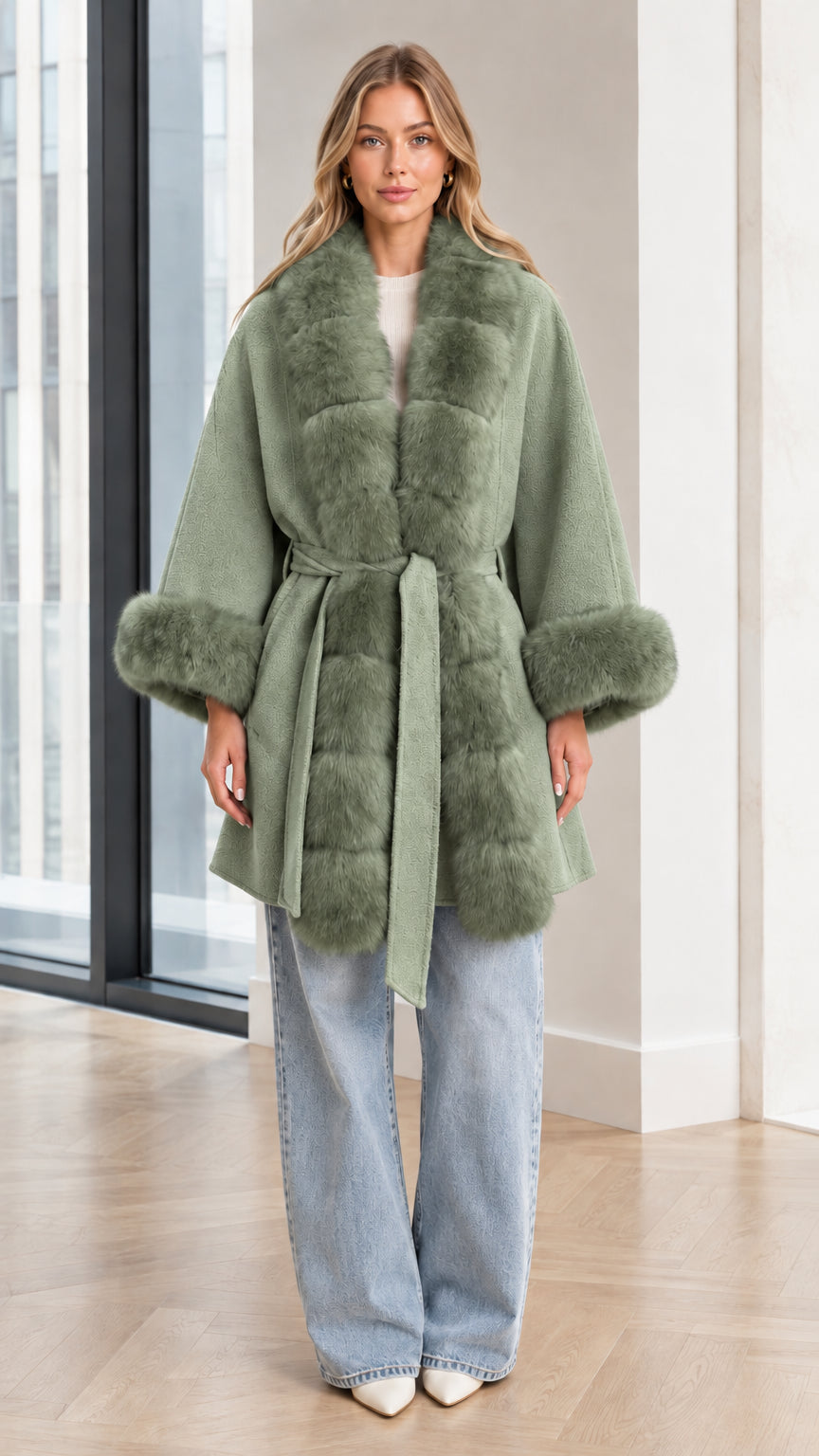 Model wearing Sage Green faux fur trim belted cape coat