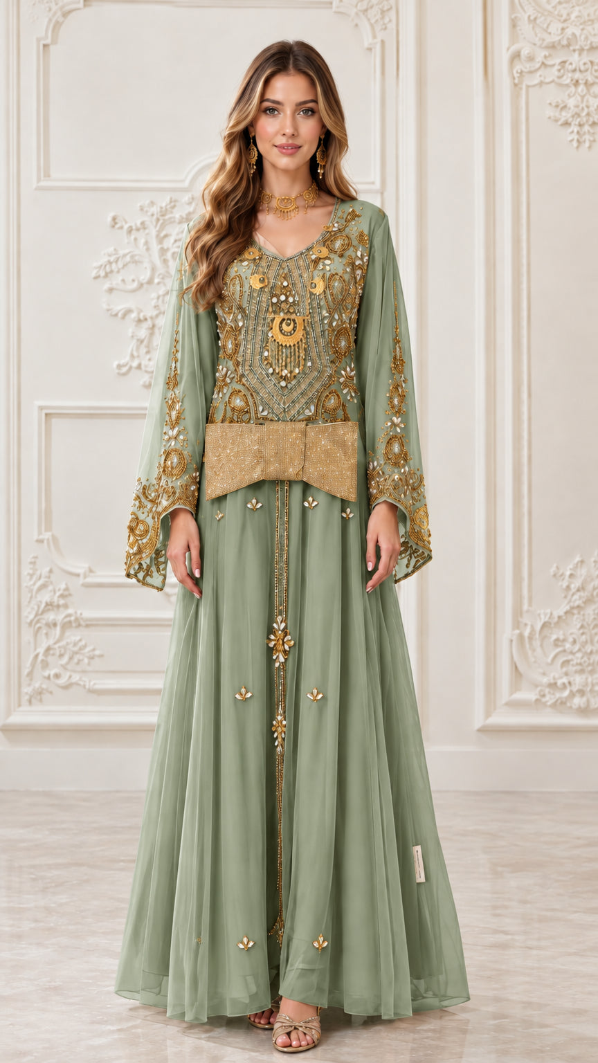 Front view of sage green gold-embroidered kaftan maxi dress