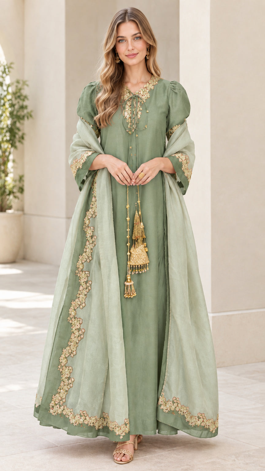 Full front view of sage green embroidered maxi dress with sheer scarf set