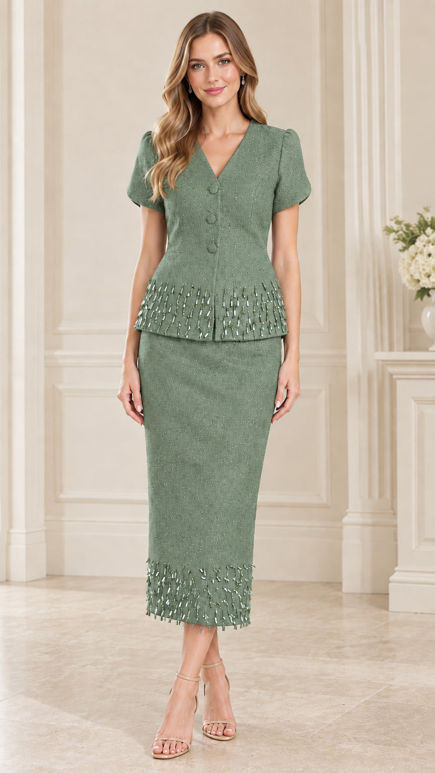Front full-length view of sage green beaded short sleeve two-piece skirt suit set